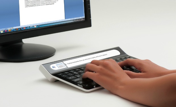 An embedded screen lets Smartype users see what they’re typing without looking up at the screen. Photo by Amos Bar-Ze'ev