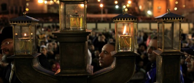 A hannukiyah lights up the cold winter night in Jerusalem. Photo by Flash90.