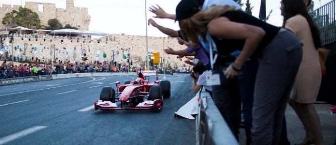 A Formula One driver zooms past Jerusalem’s historic Tower of David. Photo by Flash90.