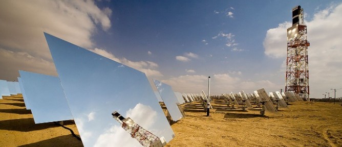 BrightSource heliostat fields generate solar thermal energy.