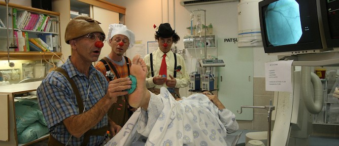 Medical clowns at work in Rambam Health Care Campus, Haifa.